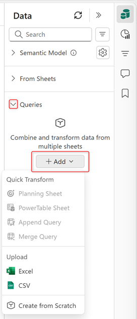 Screenshot of uploading a query showing Excel and CSV options.